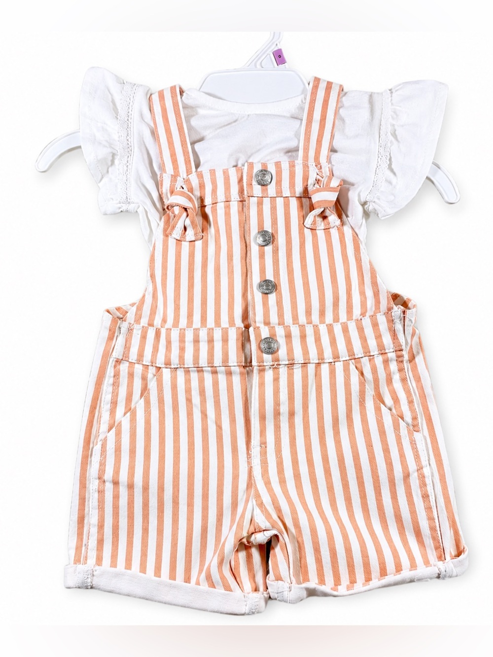 7 For All Mankind Girls 2T Shortall Set | Ruffle Top | Pink White Overalls